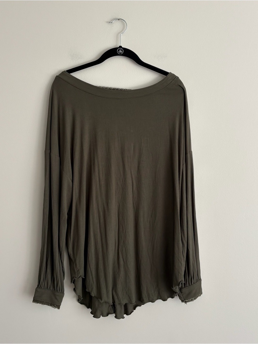 Free People Oversized Ribbed Long Sleeve Open Back Top Lace Trim Size S